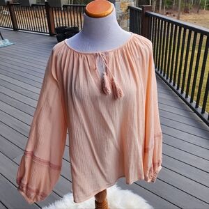 Spell & Gypsy Designs Moroccan Luxe Blouse Peach S/M Tassel Tie Peasant